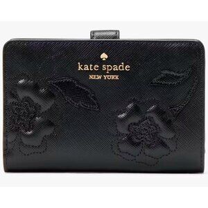 S Kate Spade Madison Medium Bifold Wallet Black Leather Floral Applique KL868